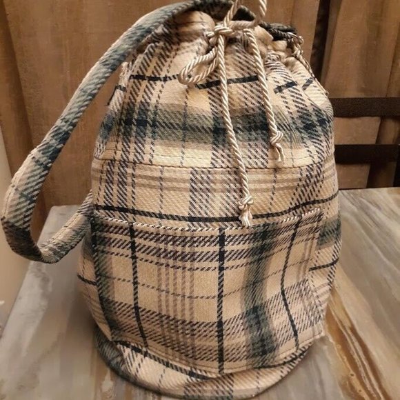 Plaid Retro Plaid Tote Double handle Bucket Shoulder Bag Purse Green Ivory LRG - Picture 5 of 11